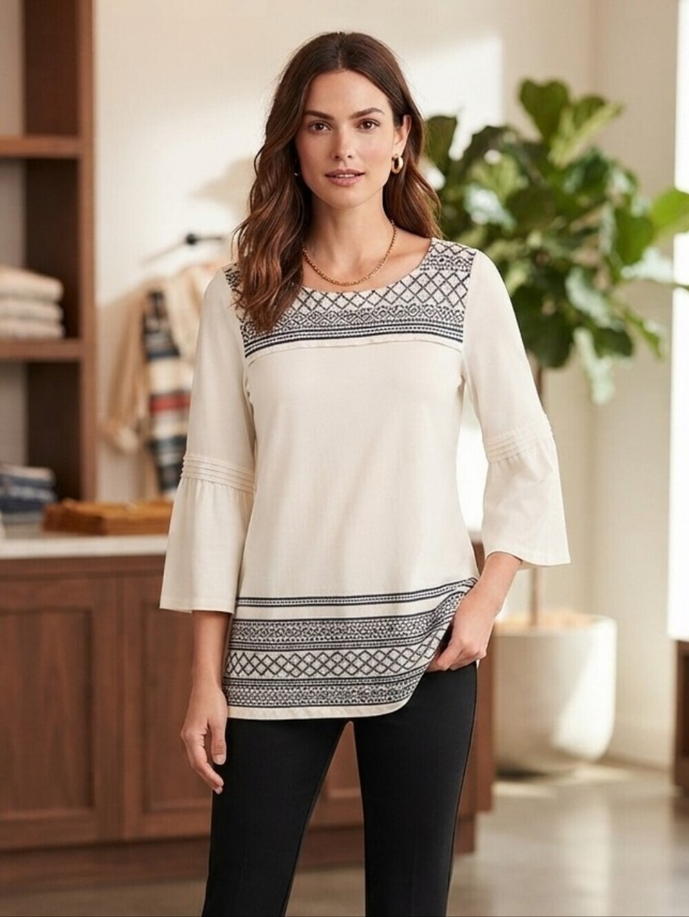 J. Jill Cream Blouse with Black Geometric Trim